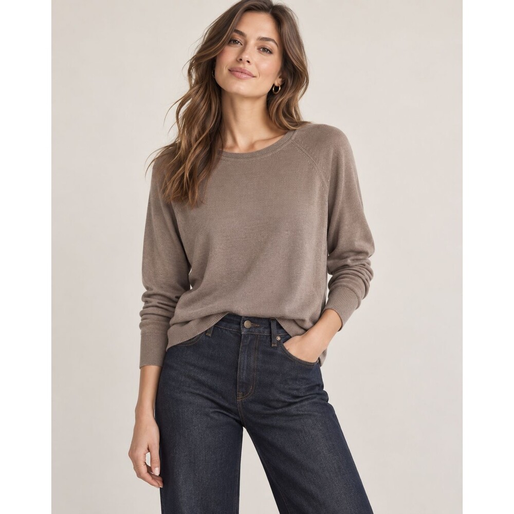 Zara Women M Taupe Fine Knit Sweater Raglan Crewneck Minimalist Quiet Luxury